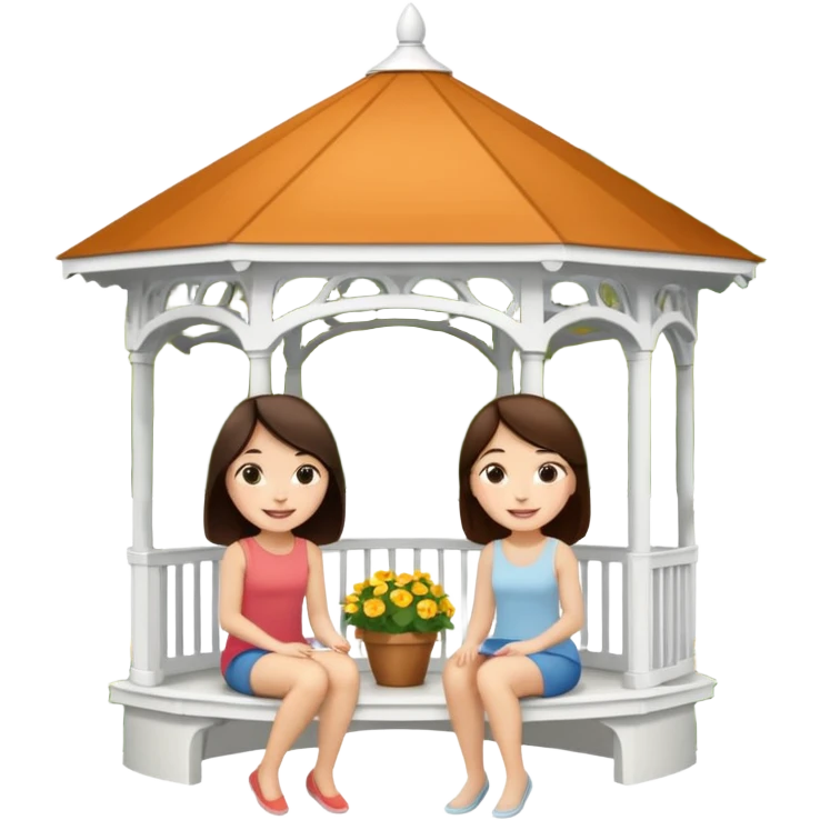 Two small brunette women sitting under a large white gazebo emoji