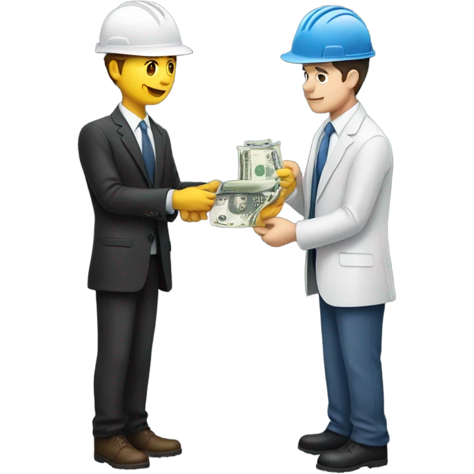 A guy in a suit receiving money from a guy on the ground, but the guy on the ground is a construction worker, both people have white skin emoji