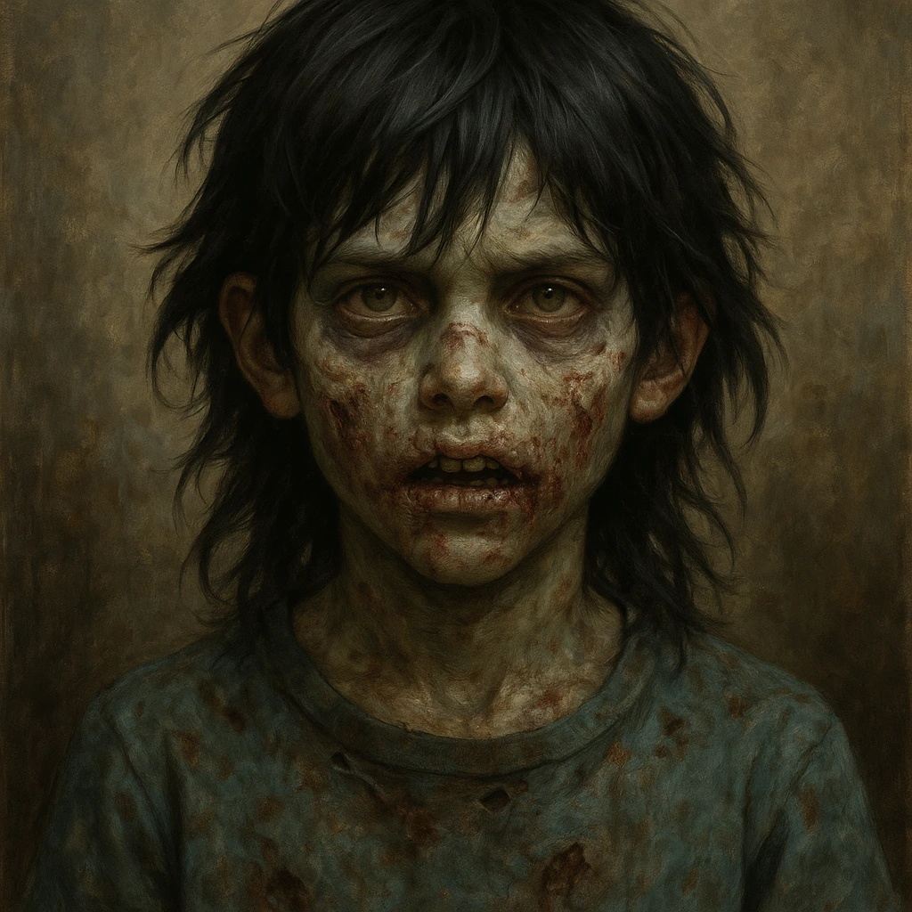boy zombie with long black wolf cut hair, detailed, expressive emoji