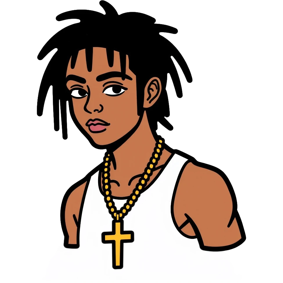 Playboi Carti rapper wearing an upside-down cross necklace emoji