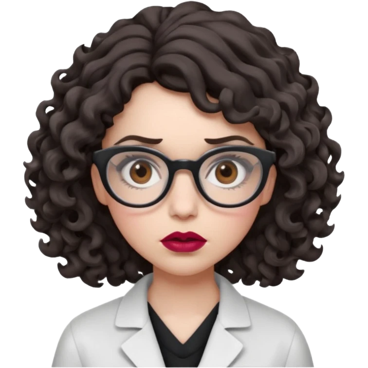 A crazy female scientist, with curly-wavy dark brown medium lenght hair, brown eyes and light grey glasses and pale skin and pinkish lips, dressed to look like an english teacher but in neutral tones like grey black white, maybe with the pop of dark red, she should look slighltly mad/crazy emoji