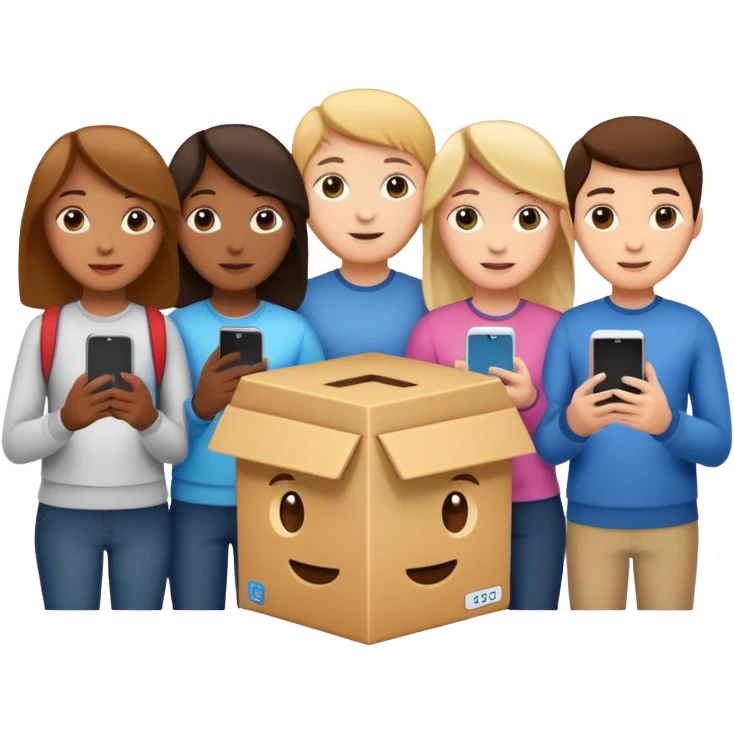 Students handing over their phones to a cartoon box emoji