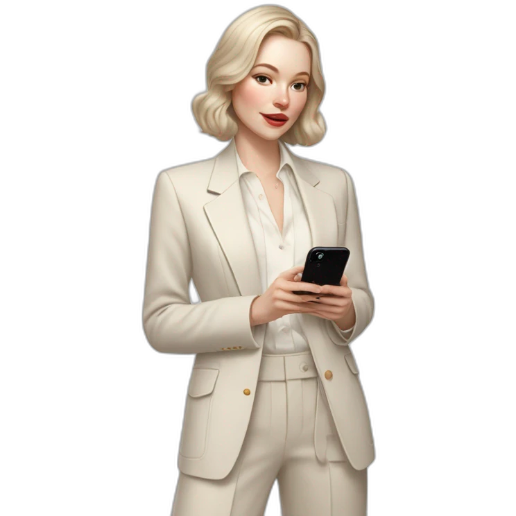 pale skin woman with ash blonde Straightened bob Hair, White Spacious classical jacket, beige palazzo Arrow pants and gray blouse holding white IPhone 15 pro in the hands emoji