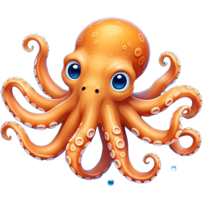 Cinematic Cute smiling Octopus Portrait Emoji, Head tilted playfully and inquisitively, featuring a rounded, light orange body embellished with playful blue rings, eight adorably curling arms, and big, twinkling eyes full of wonder, Simplified yet irresistibly adorable features, highly detailed, glowing with a warm, inviting underwater glow, high shine, affectionate and lively, stylized with a touch of whimsical cartoon charm, soft glowing outline, capturing the essence of a mischievous yet loving octopus that seems as if it could bob out of the screen into your arms! emoji