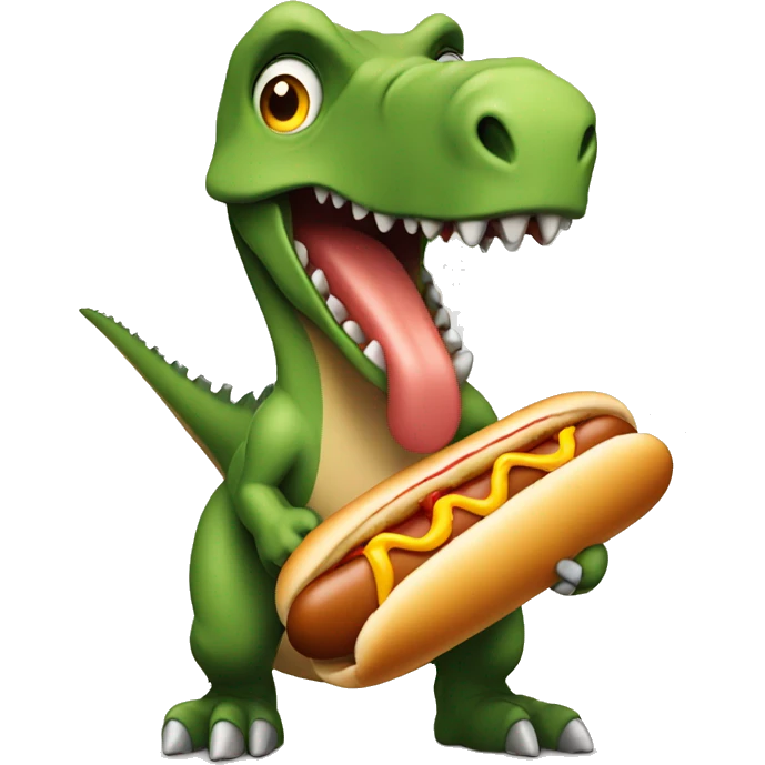 Dinosaur holding a hot dog with lots of mustard pnit emoji