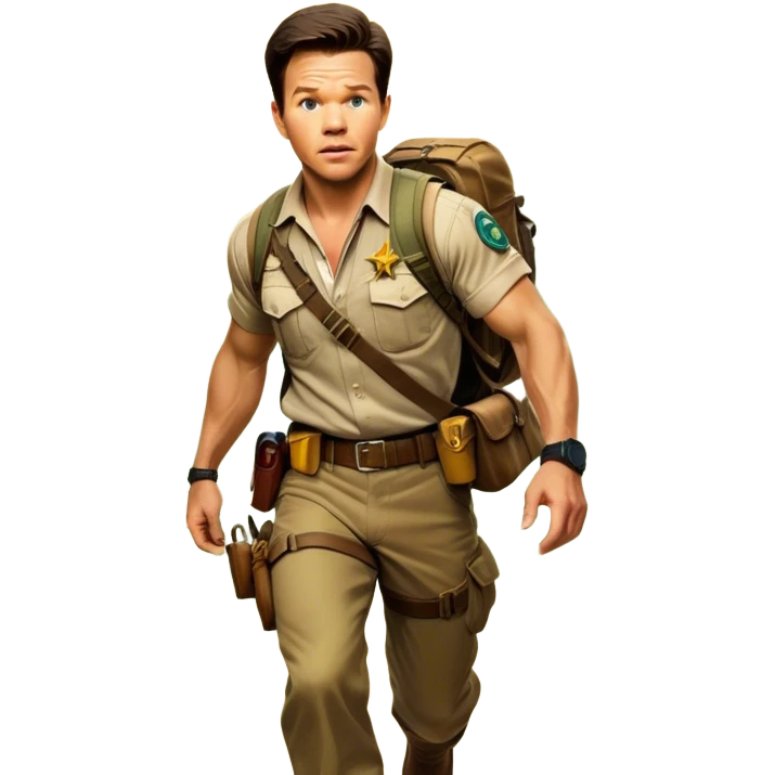 A vintage movie poster-style collage. Include action-packed elements like a treasure map, jungle scenes, a rugged explorer with a compass and a speeding jeep. Add a shadowy figure resembling close-up Mark Wahlberg in adventurous gear. Dramatic lighting, dynamic composition. Transparent background. emoji