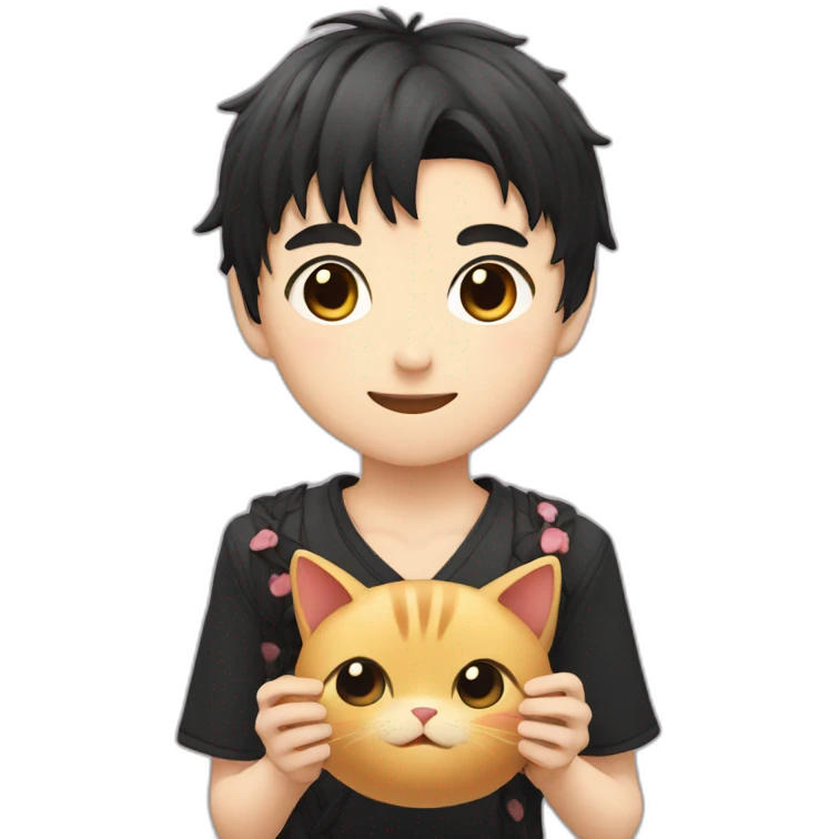Japanese boy, with black cat eats and a cute hair style emoji