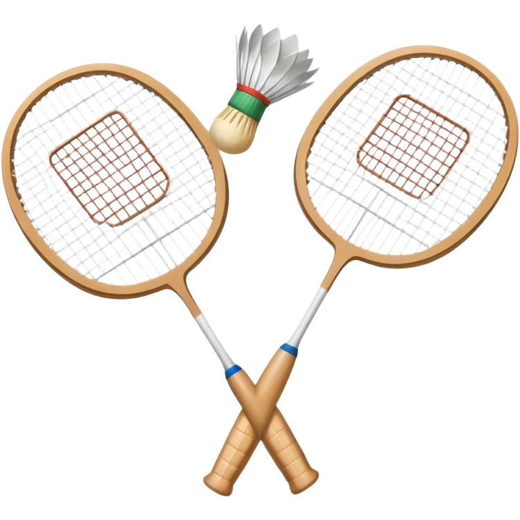 Two crossed badminton rackets with a shuttlecock resting in between, set against the faint outline of a badminton court. The image highlights the tools of the sport, with a subtle emphasis on the court's net and boundaries, symbolizing competition and skill. emoji