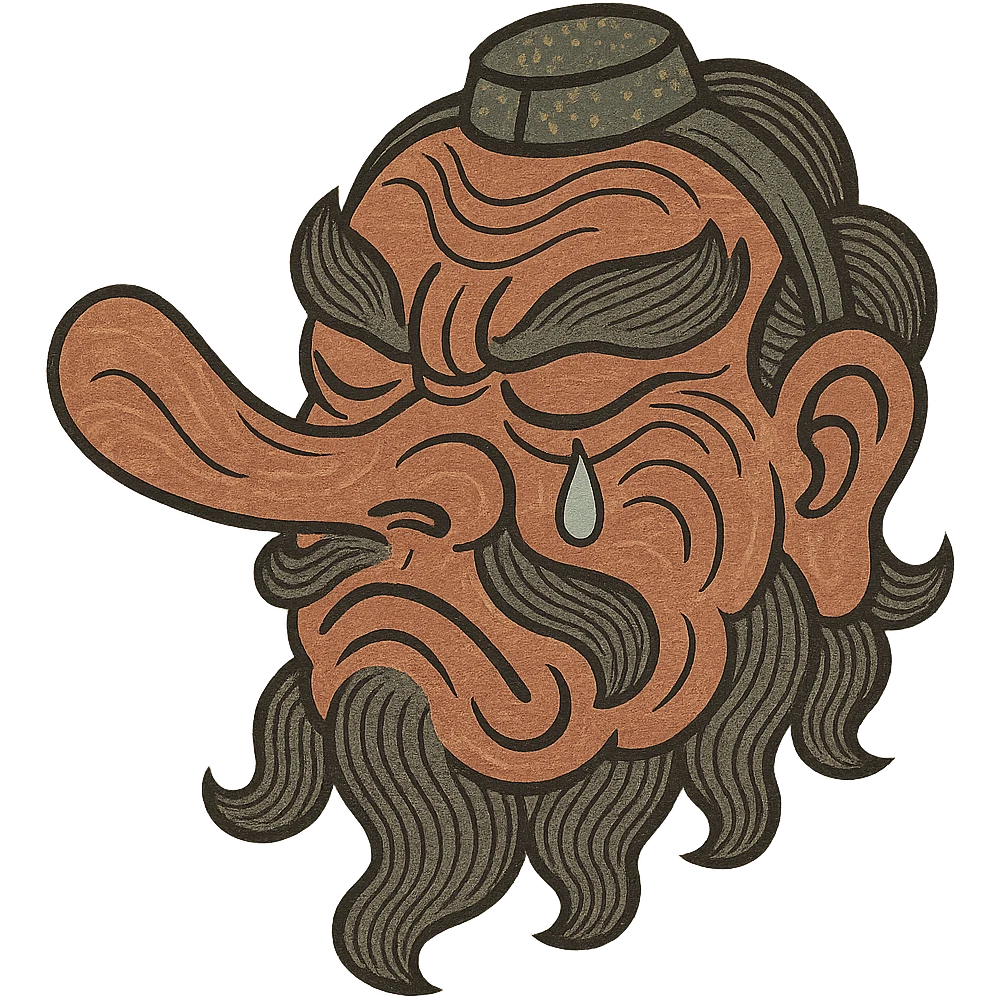 tengu face with long nose crying, traditional Japanese illustration, just the face emoji
