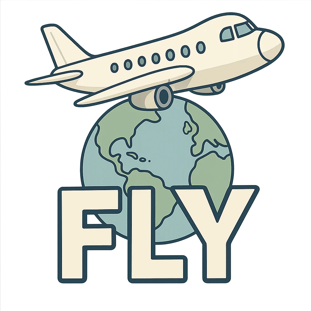 airplane flying over globe with FLY in bold letters, flat toon style emoji