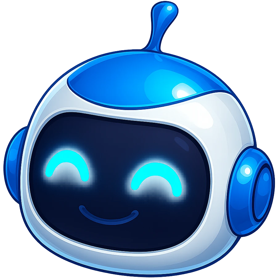 Robot head only, matching the style and colors of the reference robot (blue and white), extra shiny head, glowing blue eyes, cute and friendly expression, no background, in the style of the reference robot. emoji