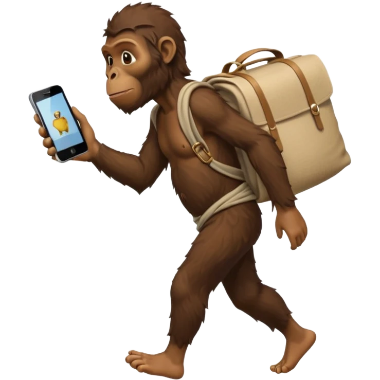Draw an Australopithecus walking like a nomad, carrying a cloth bundle on its back and holding an iPhone in one hand and an 
macbook(screen visible) in the other, in a cute flat iPhone emoji style emoji