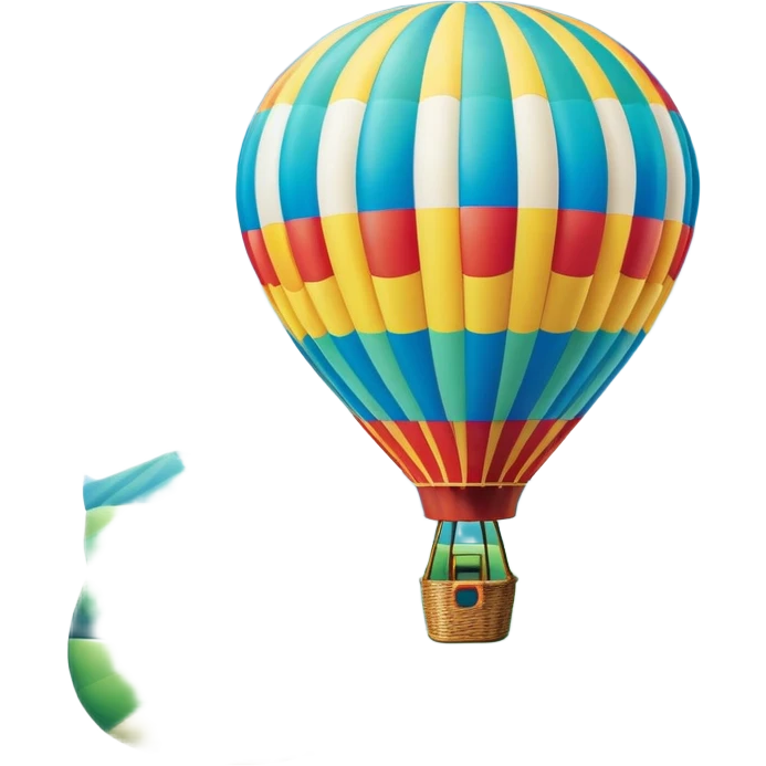 A colorful hot air balloon floating gracefully above the ground, with a clear sky and distant hills in the background. The balloon's vibrant colors stand out against the soft clouds, capturing the peaceful yet adventurous spirit of hot air ballooning. emoji