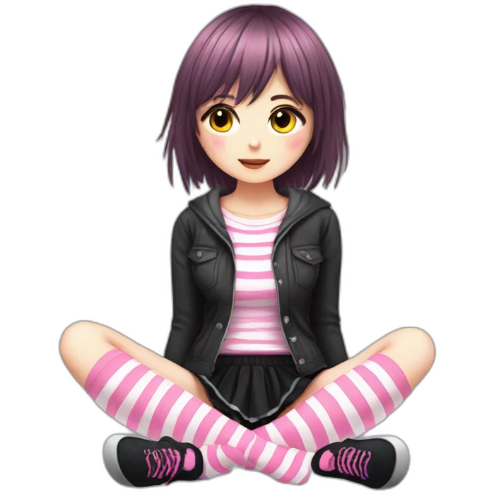 full body Front view emo girl sits on the floor black skirt pink knickers long striped socks emoji