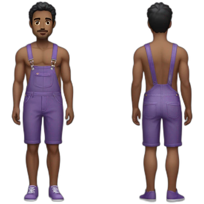 black haired man with purple overalls, no shirt, white man, no facial hair emoji