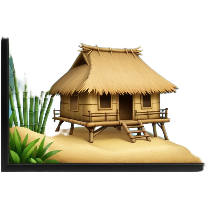 bamboo hut with volcano in the back in Volcano Island  emoji