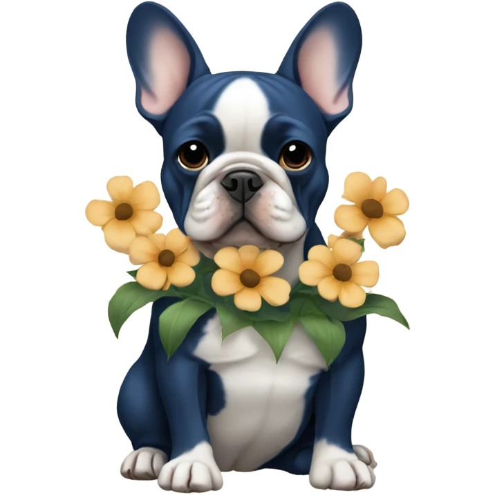 dark blue and tan french bulldog holding flowers emoji