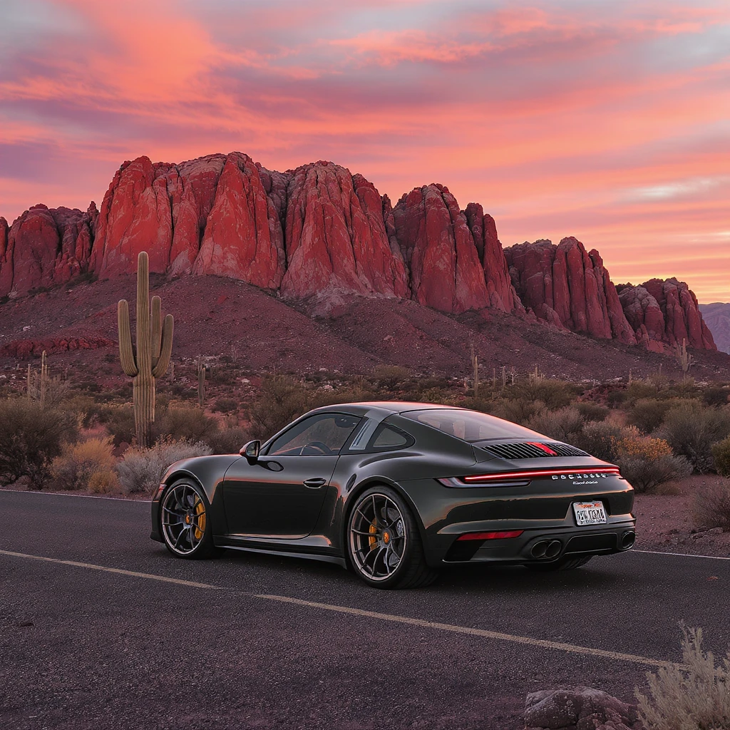 A modern desert mountain, wallpaper, modern, porsche 911, sunset, arizona desert emoji