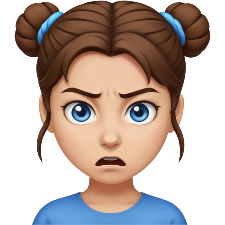 Girl with blue eyes, brown hair in a single bun, angry emoji