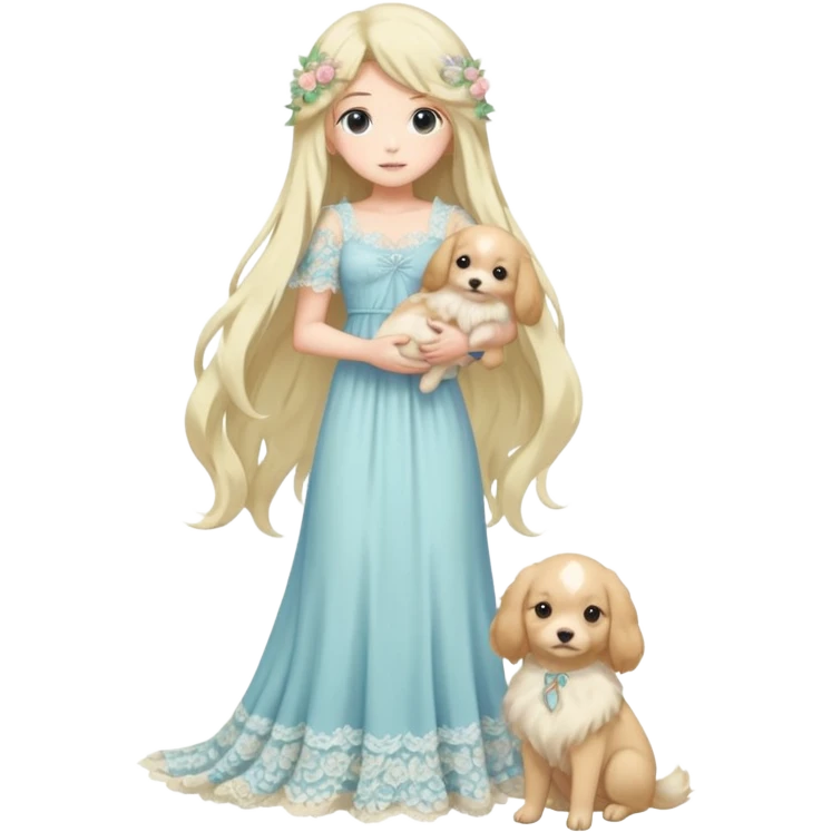 Pastel anime lady long hair with long lace dress full body holding puppy emoji
