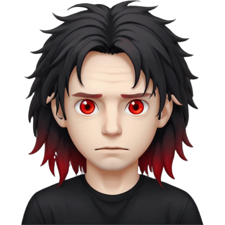 Парень с бледной кожей и красными глазами,  чёрные длинные растрёпанные волосы до ушей, в черной футболке  emoji