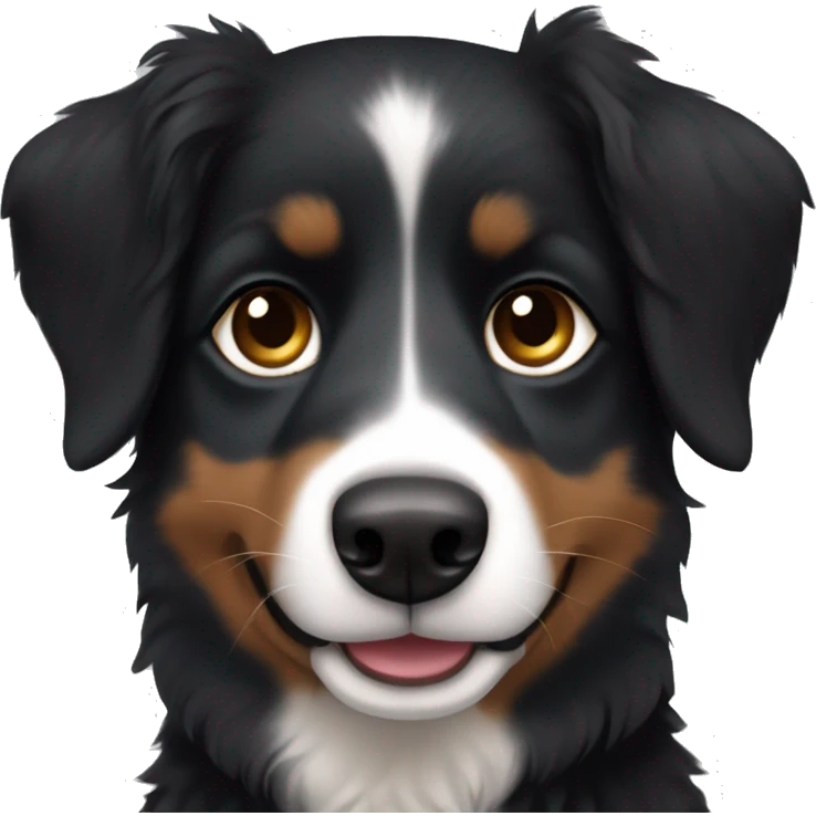 Small black australian shepherd dog with dark brown eyes and black face emoji