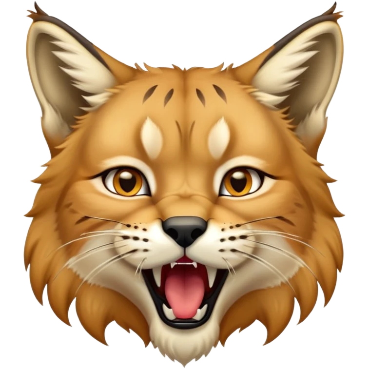 Cinematic-detailed-Yawning-Lynx-Portrait-Emoji – Head tilted slightly with a dramatic, wide-open yawn, revealing a sleek golden-brown fur coat with subtle spots, signature black ear tufts standing tall, round amber eyes barely open in drowsy contentment. emoji