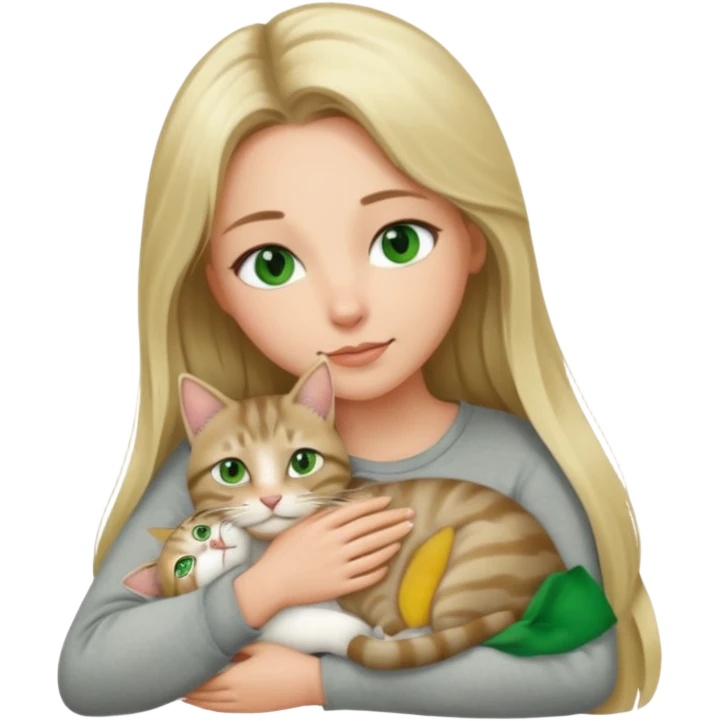 Long blonde hair green eyes woman snuggling gray tabby cat emoji