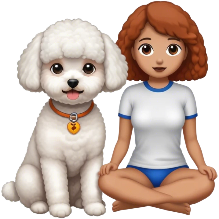 Bichon frise sitting next to a tanned girl emoji
