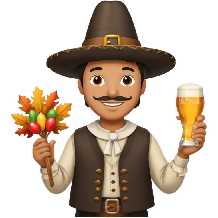 Mexican man dressesd as a Thanksgiving Pilgrim  holding a Turkey drumstick and a Corona beer emoji
