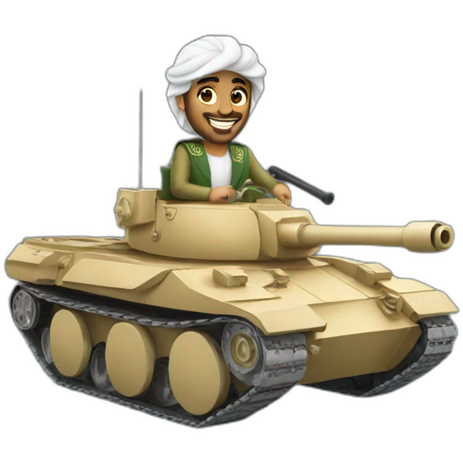 Prince from Saudi Arabia riding on a tank, smiling emoji
