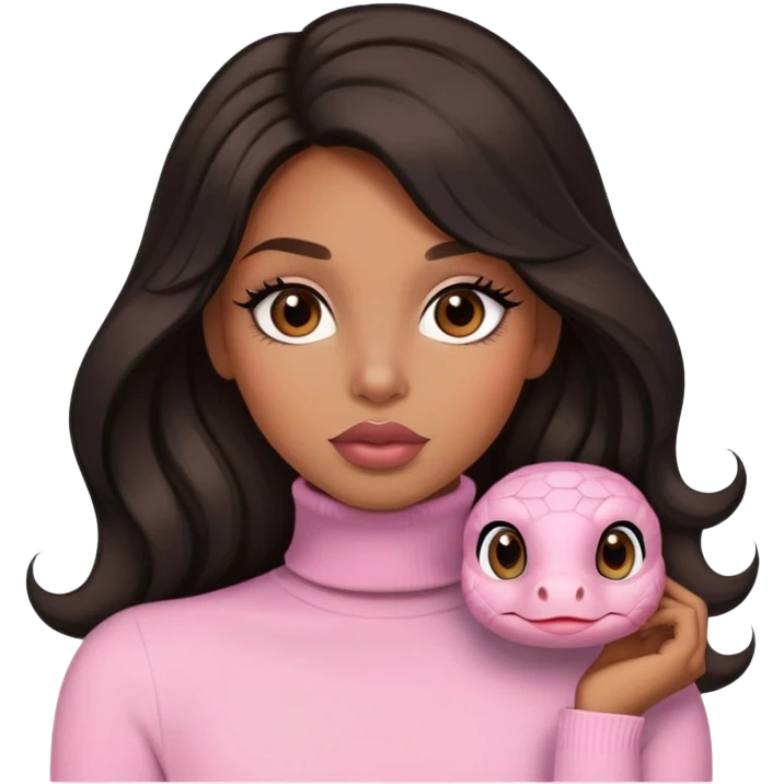 light brown skin tone, very beautiful woman, with big plump lips, long long lashes, black wavy long hair, brown eyes, light pink turtle neck emoji