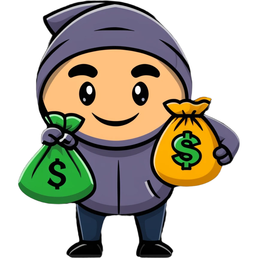happy thief with a money bag and a big grin emoji