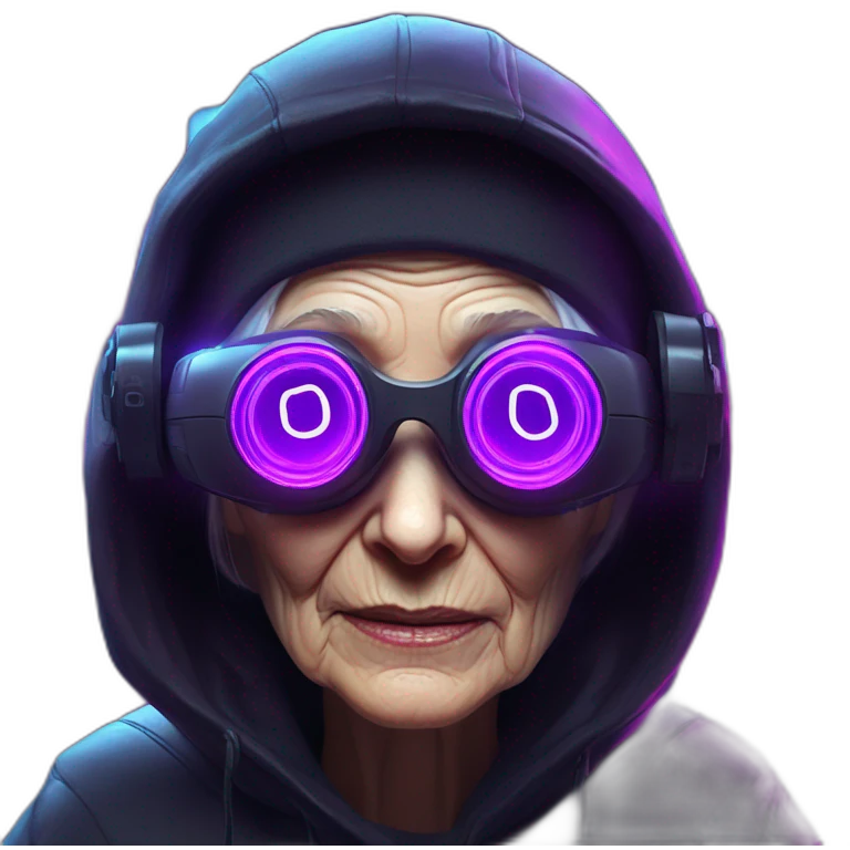 Russian old woman wearing a black hoodie with "OMG" letters on it and VR headset in a cyberpunk VR environment with violet neon lighting. emoji