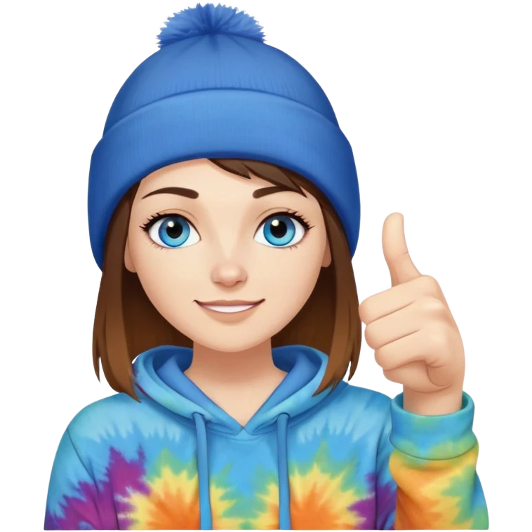 White woman with short brown straight hair and blue eyes with long eyelashes and tiedye hoodie. i would like for her to be doing a thumbs up with one hand and be wearing a black beanie emoji