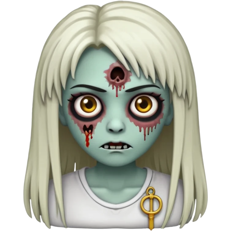 Faz uma zombie feminina com a pele clara igual de zombie, mas não tão clara, deixa ela com a clavícula marcada, cabelo comprido preto e com franja, sombracelha FINA e faz um risquinho na sombracelha do lado esquerdo. Não se esquece de colocar uns machucados no rosto dela emoji