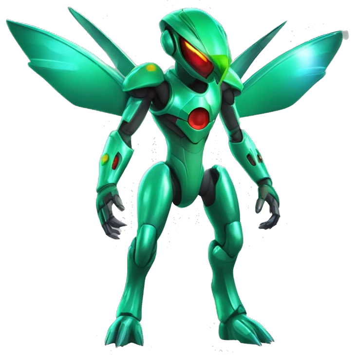 a shiny metallic Genesect-Flygon-Raptor-Fakémon-Medabot-hybrid with a futuristic visor-helmet full body emoji