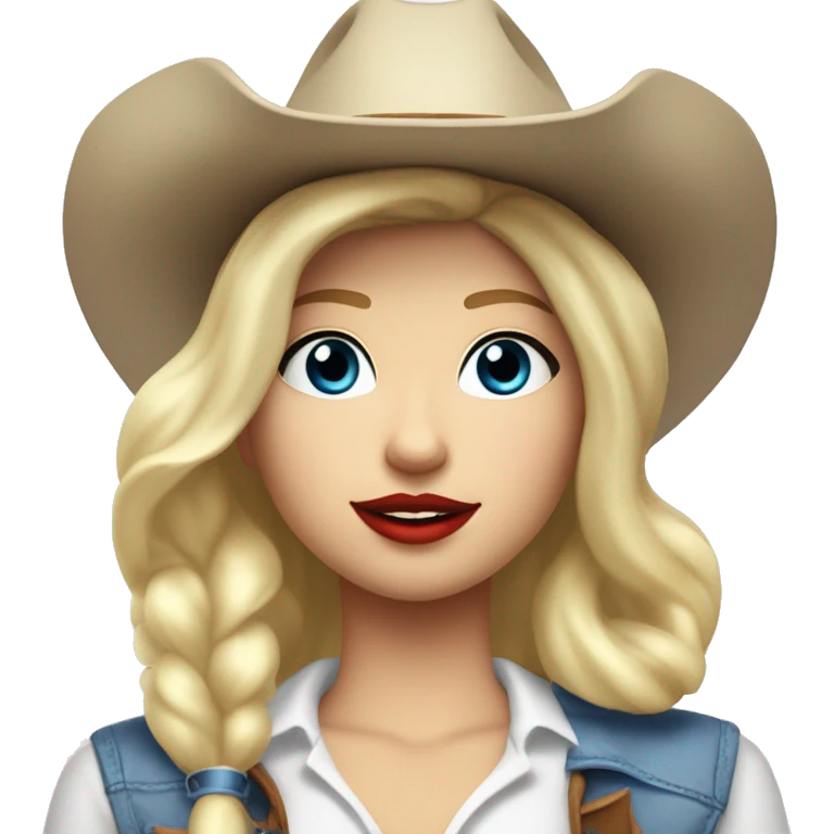 cowgirl with a white cowgirl hat and white scarf and blonde blowout BOB hair with red lipstick and BLUE EYES and a dimple and a white top emoji