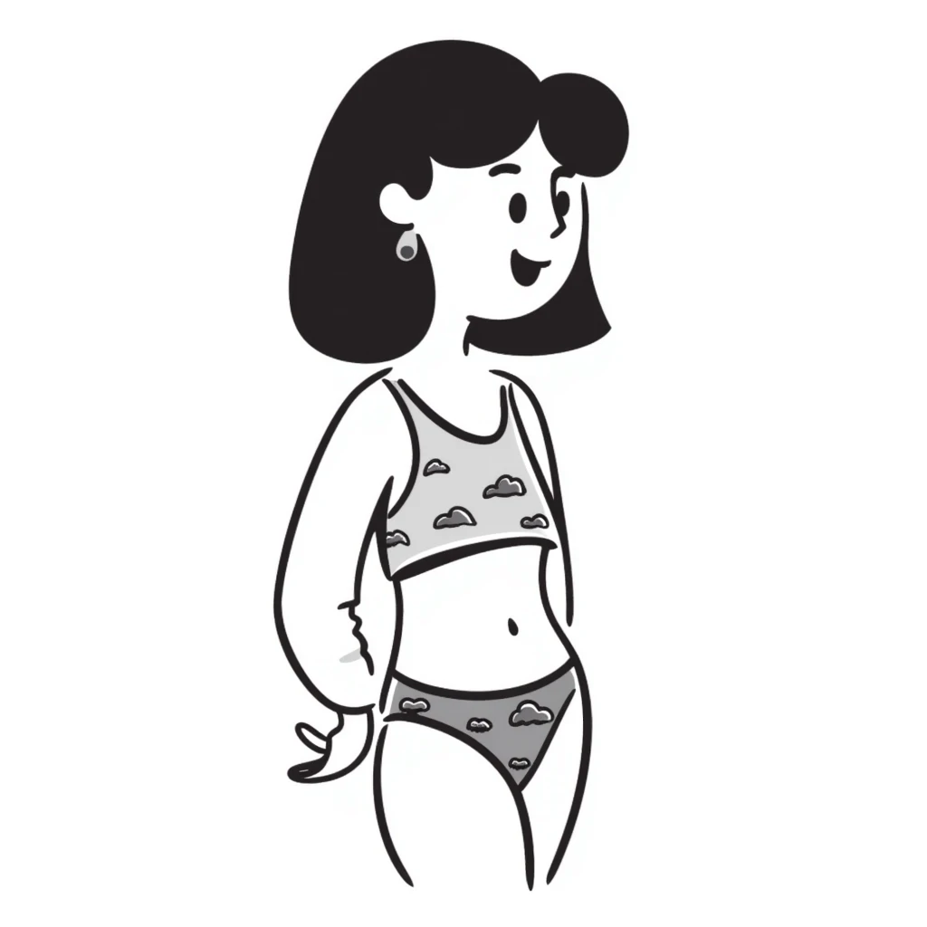 a swimsuit (bikini or one-piece) with playful details, in pastel colors dd9fb0, ffc6d3, a3bfc9, c4bee2, f1b091, detailed hand-drawn doodle style emoji