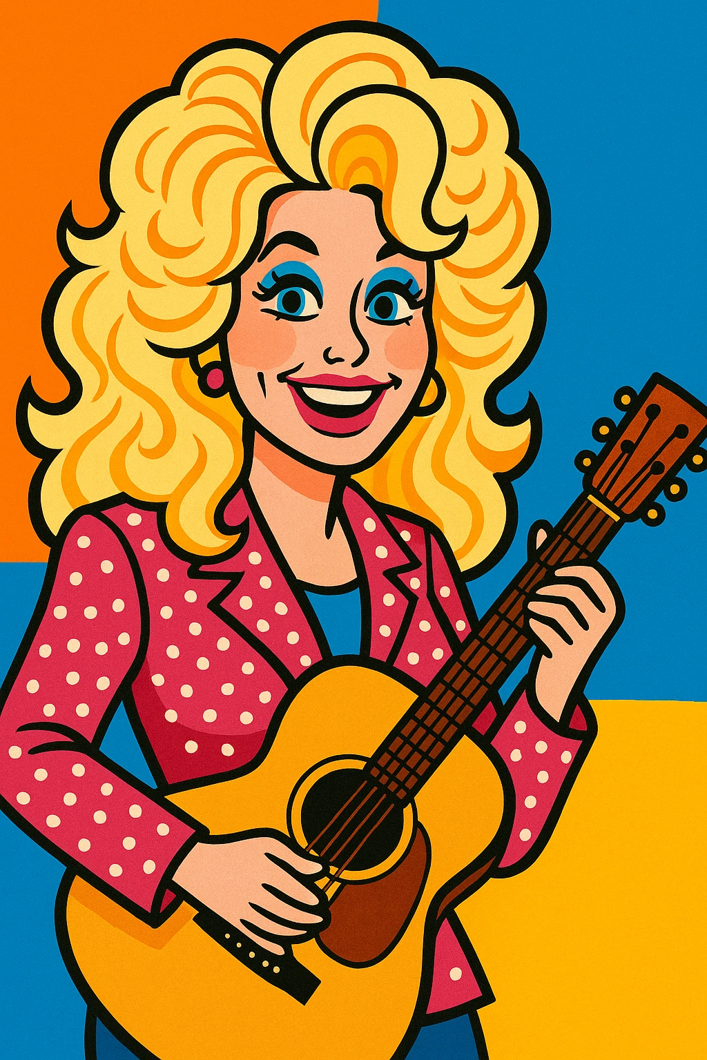 Dolly Parton holding a guitar, wearing a rhinestone jacket, iconic look emoji