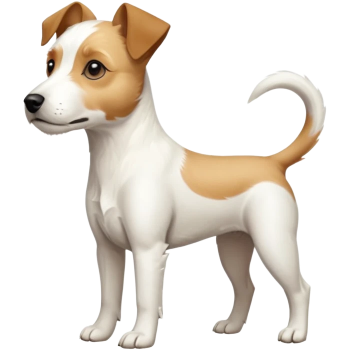 a full body facing front on of a buff white parson russell terrier looking dog the size of a kelpie with light brown long ears and a light brown patch on one eye and a large snout. the rest of the dog is completely white.  emoji