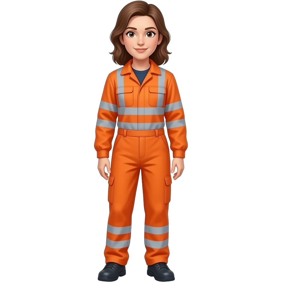 woman, standing in full orange hi-vis overalls with sleeves, looking at the floor emoji