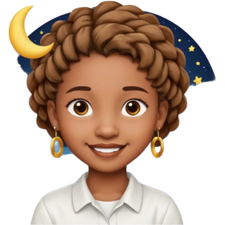 a brown skin ten year old girl with short twists  and moon earrings emoji