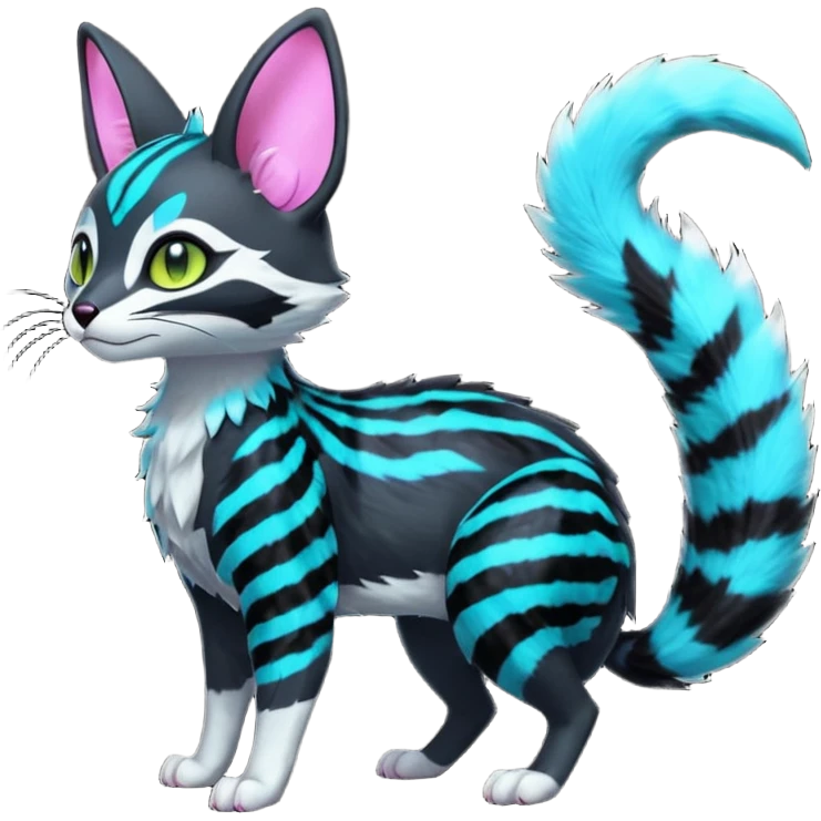 Fantasy abyssal pitch-Black-coated fur with glowing bioluminescent random colorful neon-markings divine beautiful elegant pretty precious cute young youthful  Fakémon-Pokémon-alien-opossum-feline-serval-caracal-chinchilla-Minccino-hybrid-creature with a big fluffy bushy striped tail (full body) emoji