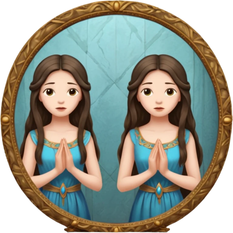 Woman facing ancient mirror, reflection slightly delayed and darker emoji