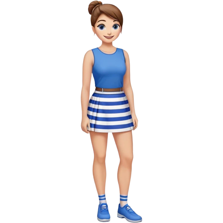 smiling girl Pretty 50-year-old woman with 1 miniskirt that is blue and white striped brown hair in bun blue eyes and pretty legs emoji