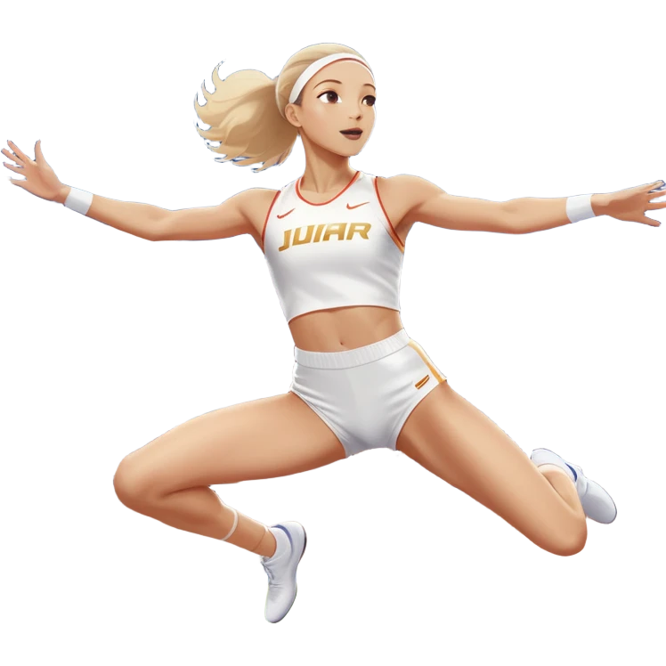An icon featuring a female high jumper in mid-air, gracefully clearing a bar on a track. She wears a white athletic uniform and appears focused, with the background showcasing a vibrant stadium with cheering spectators and bright lights. Transparent background highlights the elegance  emoji