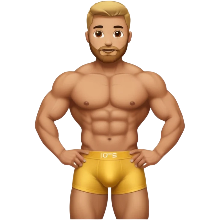 Gold statue of bodybuilder man, stubble beard, low fade haircut, shirtless wear golden brief box underpants emoji