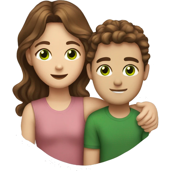 A guy with green eyes and brown hair hugs a girl with green eyes and brown wavy hair emoji