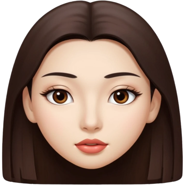 Una chica con piel muy clarita con pelo liso largo de color castaño y unos ojos marrones oscuro y labios grandes y nariz bonita y con unas pestañas que parezca asiatica que tenga las cejas un poquito mas juntas emoji